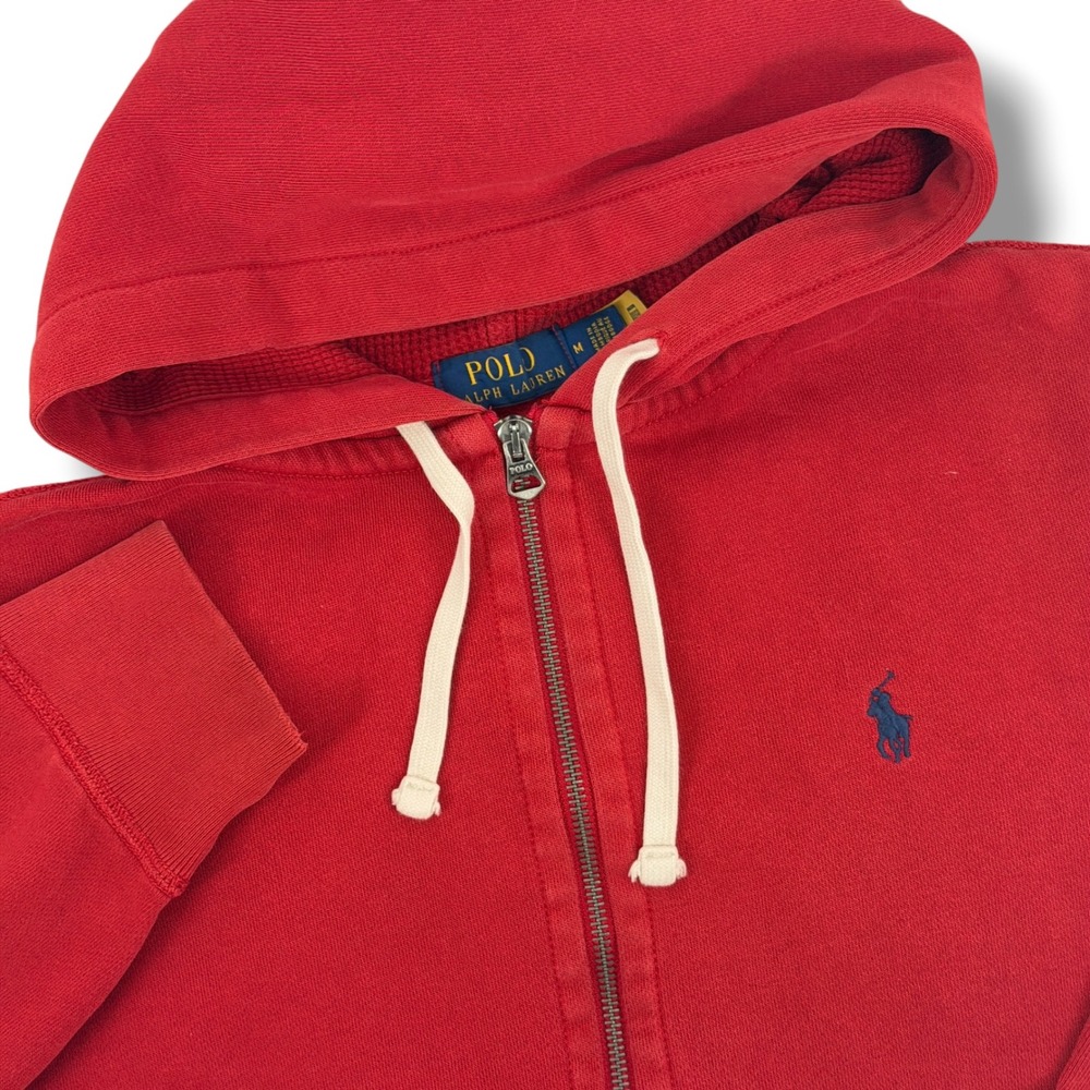 Polo Ralph Lauren Full Zip Hoodie Mens M Red Distressed Cotton Waffle Lined Pony
